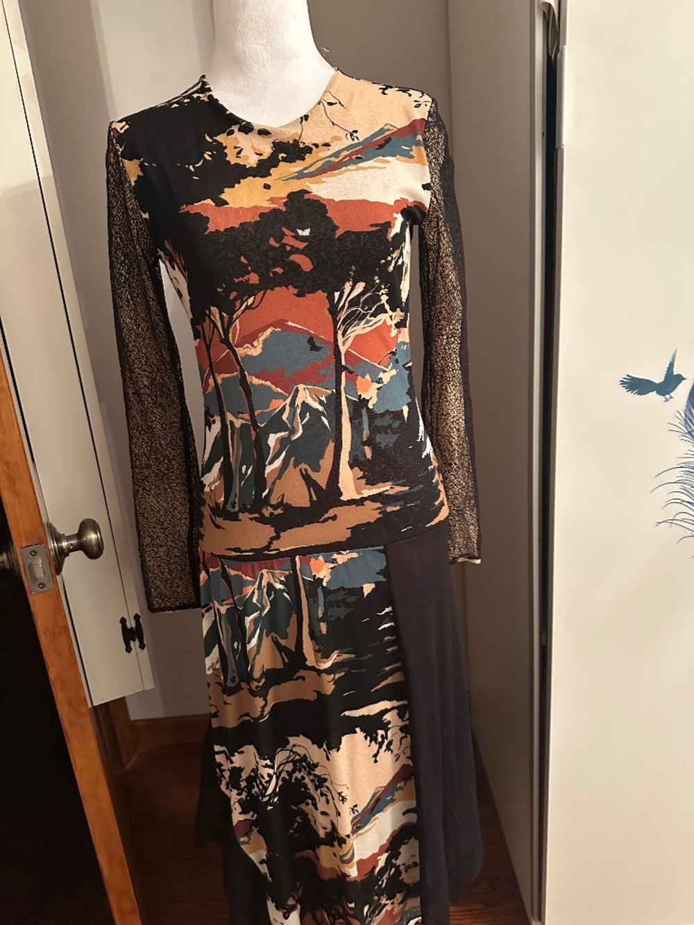 A.L.C. Abstract landscape print dress with black mesh sleeves, size S. Brand new